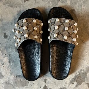 Gucci | Shoes | Gucci Pursuit Pearl Embellished Gg Monogram Slides Size 39  | Poshmark